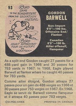 1971 O-Pee-Chee CFL #93 Gordon Barwell Back