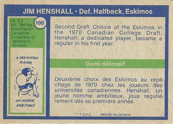 1972 O-Pee-Chee CFL #100 Jim Henshall Back