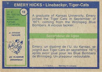 1972 O-Pee-Chee CFL #12 Emery Hicks Back