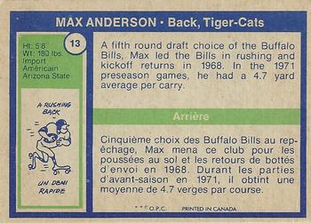 1972 O-Pee-Chee CFL #13 Max Anderson Back