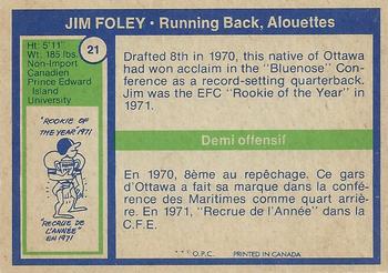 1972 O-Pee-Chee CFL #21 Jim Foley Back