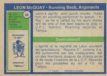 1972 O-Pee-Chee CFL #30 Leon McQuay Back