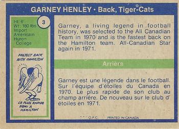 1972 O-Pee-Chee CFL #3 Garney Henley Back