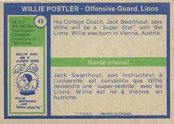 1972 O-Pee-Chee CFL #43 Willie Postler Back