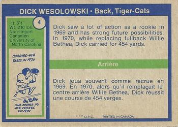 1972 O-Pee-Chee CFL #4 Dick Wesolowski Back