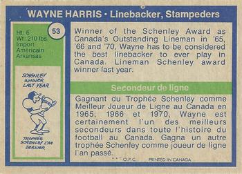 1972 O-Pee-Chee CFL #53 Wayne Harris Back