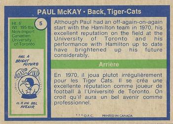 1972 O-Pee-Chee CFL #5 Paul McKay Back