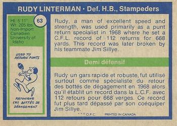 1972 O-Pee-Chee CFL #63 Rudy Linterman Back