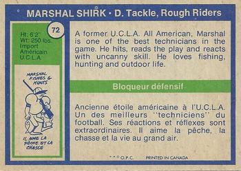 1972 O-Pee-Chee CFL #72 Marshall Shirk Back