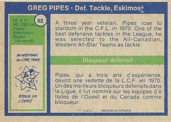 1972 O-Pee-Chee CFL #92 Greg Pipes Back