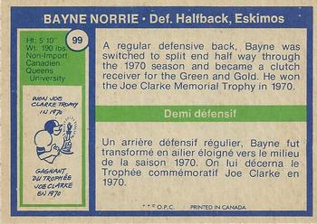 1972 O-Pee-Chee CFL #99 Bayne Norrie Back