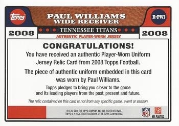 2008 Topps - Jersey Relics #R-PWI Paul Williams Back