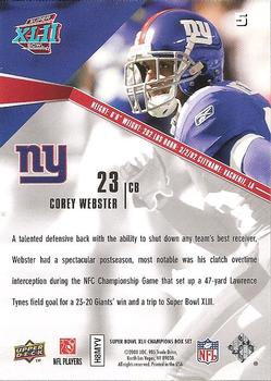 2008 Upper Deck Super Bowl XLII Box Set #5 Corey Webster Back