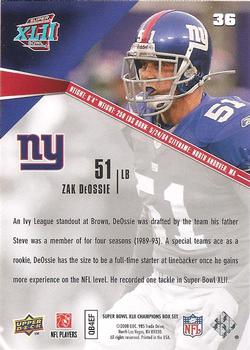 2008 Upper Deck Super Bowl XLII Box Set #36 Zak DeOssie Back