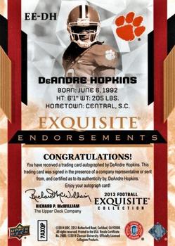 2013 Upper Deck Exquisite Collection - Exquisite Endorsements #EE-DH DeAndre Hopkins Back