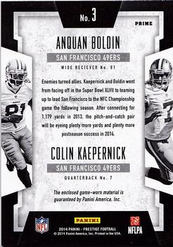 2014 Panini Prestige - Dual NFL Jerseys Prime #3 Anquan Boldin / Colin Kaepernick Back