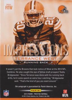 2014 Panini Prestige - First Impressions Autographs #FITW Terrance West Back