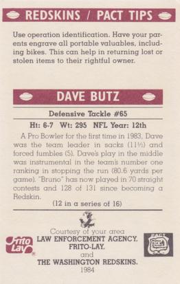 1984 Washington Redskins Police #12 Dave Butz Back