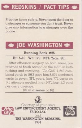 1984 Washington Redskins Police #16 Joe Washington Back