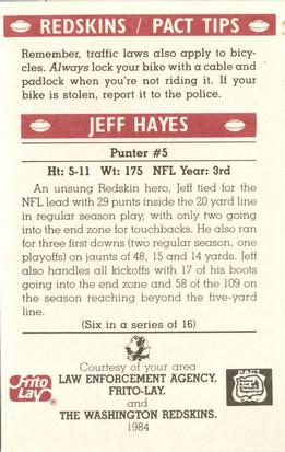 1984 Washington Redskins Police #6 Jeff Hayes Back