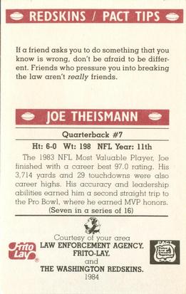 1984 Washington Redskins Police #7 Joe Theismann Back