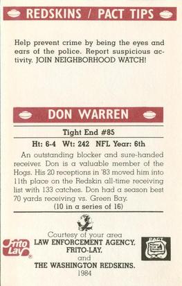 1984 Washington Redskins Police #10 Don Warren Back