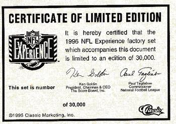1996 Classic NFL Experience - Certificate of Authenticity #NNO Certificate of Authenticity Front