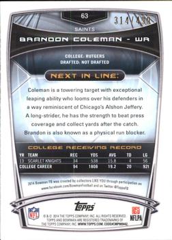 2014 Bowman - Rookies Blue #63 Brandon Coleman Back