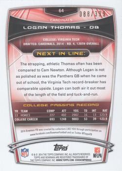 2014 Bowman - Rookies Gold #64 Logan Thomas Back