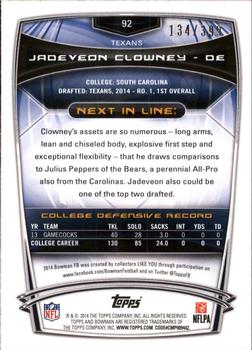 2014 Bowman - Rookies Gold #92 Jadeveon Clowney Back