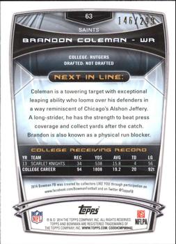 2014 Bowman - Rookies Orange #63 Brandon Coleman Back