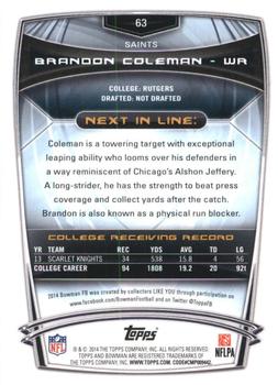 2014 Bowman - Rookies Rainbow Silver Ice #63 Brandon Coleman Back