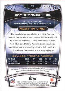 2014 Bowman - Rookies Rainbow Blue #20 David Fales Back