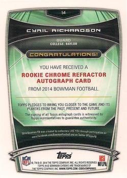 2014 Bowman - Chrome Rookie Autographs Gold Refractors #54 Cyril Richardson Back