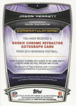 2014 Bowman - Chrome Rookie Autographs Refractors #5 Jason Verrett Back