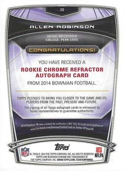 2014 Bowman - Chrome Rookie Autographs Refractors #20 Allen Robinson Back