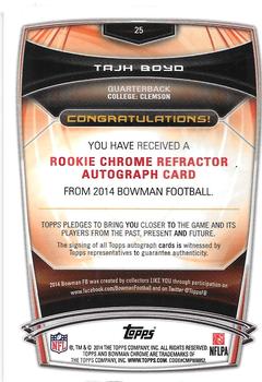 2014 Bowman - Chrome Rookie Autographs Refractors #25 Tajh Boyd Back