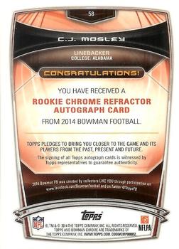 2014 Bowman - Chrome Rookie Autographs Refractors #58 C.J. Mosley Back