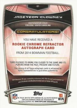 2014 Bowman - Chrome Rookie Autographs Refractors #61 Jadeveon Clowney Back