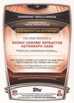 2014 Bowman - Chrome Rookie Autographs Refractors #106 Andre Williams Back