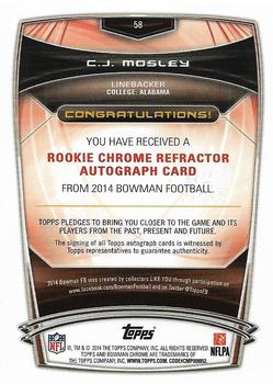 2014 Bowman - Chrome Rookie Autographs Xfractors #58 C.J. Mosley Back