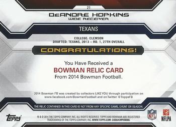 2014 Bowman - Relics #21 DeAndre Hopkins Back