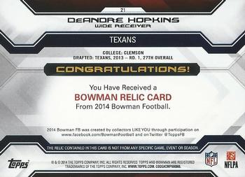 2014 Bowman - Relics Red #21 DeAndre Hopkins Back