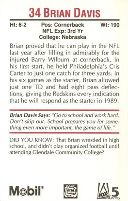 1989 Washington Redskins Police #34 Brian Davis Back