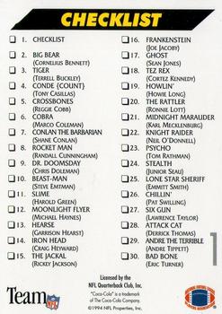 1993 Coca-Cola Monsters of the Gridiron #1 Checklist Back