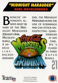 1993 Coca-Cola Monsters of the Gridiron #21 Karl Mecklenburg Back