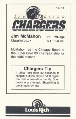1989 San Diego Chargers Police #4 Jim McMahon Back