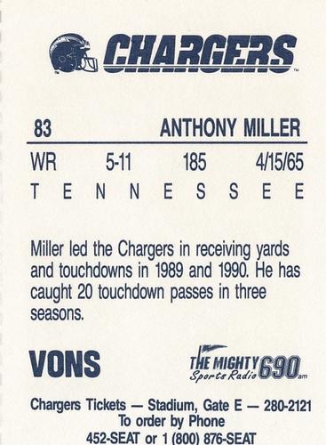 1991 Von's San Diego Chargers #5 Anthony Miller Back
