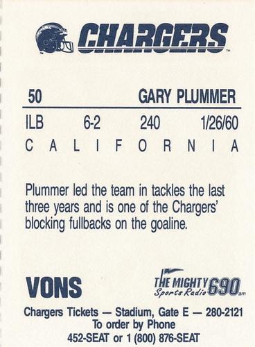 1991 Von's San Diego Chargers #7 Gary Plummer Back