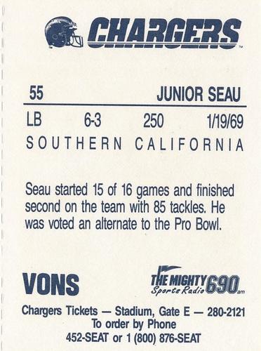 1991 Von's San Diego Chargers #8 Junior Seau Back
